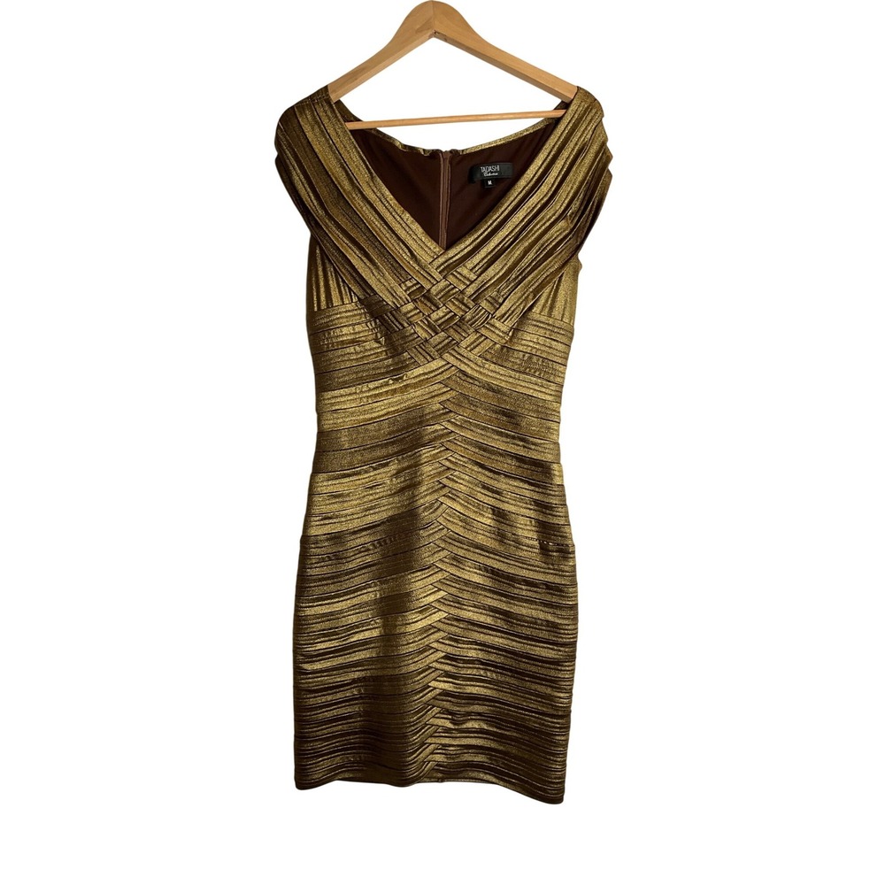 Tadashi Shoji Metallic Bronze Bandage‎ Dress Cocktail Party Y2K Retro Stretch  M